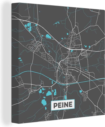 Canvas Schilderij Plattegrond – Peine – Blauw – Stadskaart – Kaart - Duitsland - 20x20 cm - Wanddecoratie