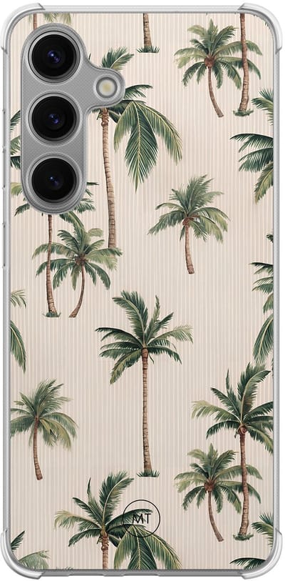 Hoesje (shockproof) geschikt voor Samsung Galaxy S24 - Palmbomen print - Extra sterke case - TPU/polycarbonaat - Tekst - Beige, Transparant