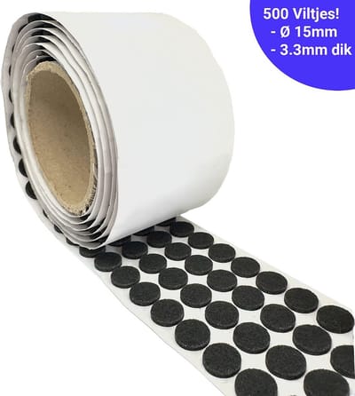 FSW-Products - 500 Viltjes op Rol Zwart - Zelfklevend Anti Kras Vilt - 15mm dia - 3.3mm dik - Meubelviltjes Vloerbeschermers - Viltjes Stoelpoten - Plakvilt op Rol - Vloerglijders voor Meubels