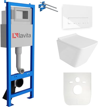 LAVITA® Inbouwreservoir Complete Toiletset LAV 101 - Inbouw WC Hangtoilet Wandcloset LAGO Wit Hoogglans - Bedieningsplaat 200.3.1 Wit - Voorwandelement voor toilet 40cm - Installatiesysteem