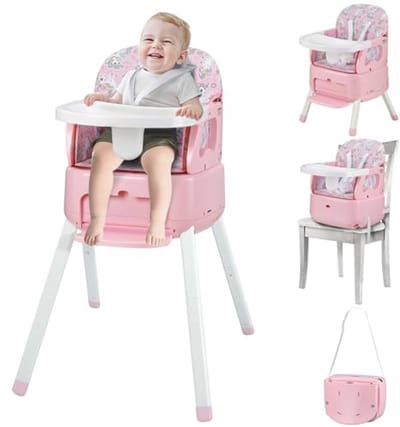 4-in-1 babystoel, converteerbare kinderstoel voor baby's en peuters, boosterstoel, draagbare kinderstoelverhoger voor binnen/buitengebruik, peuterstoel met veiligheidsharnas, afneembare lade - roze