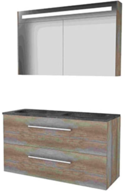 Basic-Line Premium 46 Badkamermeubelset - 120 x 46 cm - Met Grepen - 2 Lades - Hardstenen Wastafel - Zonder Kraangat - Spiegelkast met LED Verlichting - Scotch Oak