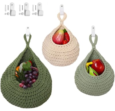 Handgeweven Hangende Fruitmanden - Set van 3, Boho Wanddecoratie voor Keuken, Ideaal voor Groenten, Fruit en Snacks (Wit & Groen)