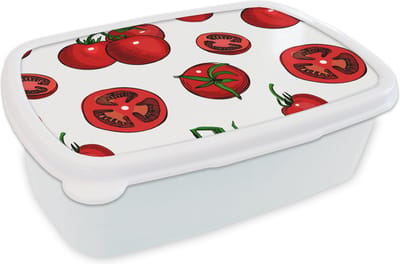 Broodtrommel Wit - Lunchbox - Brooddoos - Rood - Patronen - Tomaten - 18x12x6 cm - Volwassenen