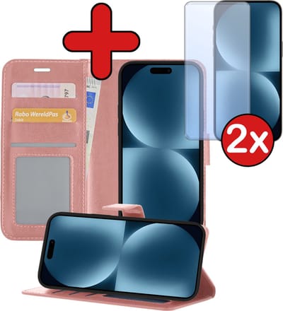 Hoesje - Met 2x Screenprotector - Geschikt voor Apple iPhone 15 - Luxe Pasjeshouder - Flip Case - Bookcase Portemonee - Kunstleer Book Case - Flipcase Hoes - Book Cover - Walletcase - Portemonneehoes - Telefoonhoes - Rosé goud