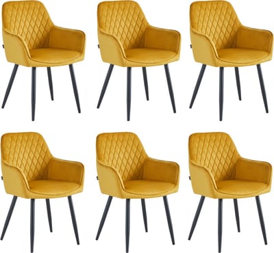 Colenis® - Beverly Eetkamerstoel - Set Van 6 - Okergeel -Velvet - Industrieel - Met armleuning