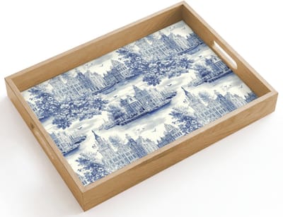 Dienblad hout 40x30 cm - Schootdienblad - Huizen - Bomen - Water - Vogels - Blauw - Borrelplank rechthoek - Plateau dienbladen