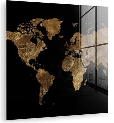 ® Glasschilderij 90x90 cm - Schilderij acrylglas - Wereldkaart - Goud - Luxe - Aarde - Zwart - Foto op glas - Muurdecoratie woonkamer - Wanddecoratie slaapkamer - Schilderijen