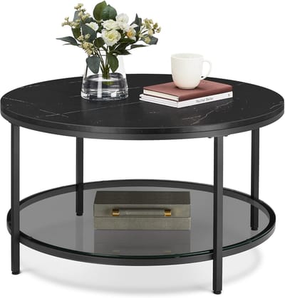 Salontafel - Woonkamertafel - Ontspannen sfeer - Marmerlook blad - 80 cm diameter - Zwart