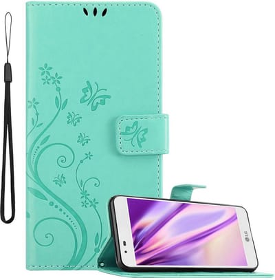 Cadorabo Hoesje geschikt voor LG K7 2016 in BLOEMEN TURKOOIS - Beschermhoes in bloemmotief met magnetische sluiting, standfunctie en kaartsleuven Book Case Cover Etui