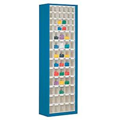 Opbergkast, inhoud 333 l, 69 uitneembare kantelbakjes met verzonken greep, B 665 x D 250 x H 2000 mm, gentiaanblauw/transparant