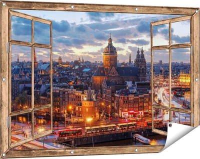 Gards Tuinposter Doorkijk Amsterdam Centrum Luchtfoto Zonsondergang - 120x80 cm - Tuindoek - Tuindecoratie - Wanddecoratie buiten - Tuinschilderij