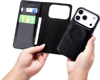 CaseMania Bookcase hoesje geschikt voor iPhone 17 Pro - Effen Zwart - Leer - 2-in-1 Magnetisch Uitneembaar Design - Compatible met MagSafe