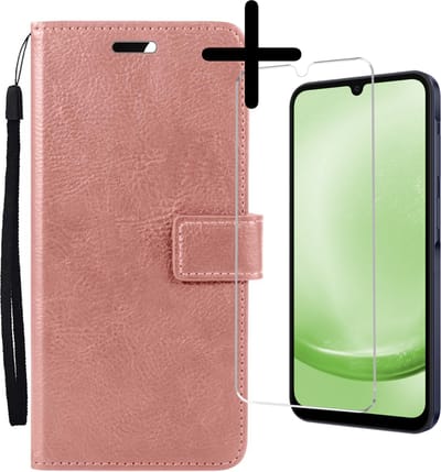 Hoesje Met Screenprotector - Geschikt voor Samsung Galaxy A25 - Luxe Pasjeshouder - Bookcase Portemonee - Flip Case - Kunstleer Book Case - Flipcase - Book Cover - Walletcase - Portemonneehoes - Rosé goud