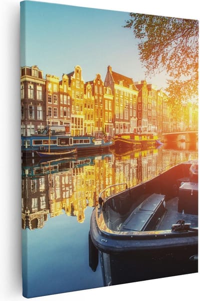 Artaza Canvas Schilderij Amsterdamse Grachten - 40x50 cm - Wanddecoratie Skyline - Muurdecoratie Zon - Kamer Accessoires Boot