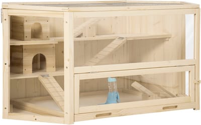 Hamsterkooi - Cavia kooi - Rattenkooi - Huisje - 2 Niveaus - Verwijderbare Lade - Met Voederstation - Zaag - Loopplank - Hutten - Hangbrug - Hout - 115L x 60B x 55H cm - Natuurhout