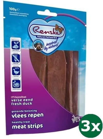 3x100 gr Renske gezonde beloning vlees strip eend hondensnack