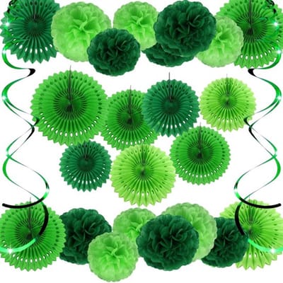 Dailygoods - Feestdecoratieset - Papieren pompons - Groene slingers - Vloeipapier decoraties - Voor verjaardagen en festivals - 19 stuks
