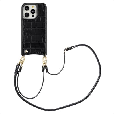 Selencia Hoesje - Geschikt voor Apple iPhone 15 Pro - Croco Backcover met koord en pashouder - Zwart