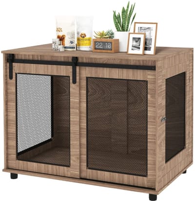 Merax Hondenbox met Schuifdeur – 98 × 60 × 78 cm – Houten Binnenbench voor Honden tot 30 kg – Ventilatie aan 3 Zijdes – Lichtbruin / Walnootkleur