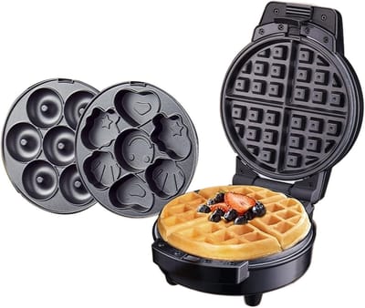 Mini Wafelijzer 600W - LED Indicatielamp - Anti-plak Coating - 3 Verschillende Verwijderbare Platen - Voor Wafels, Taarten & Donuts