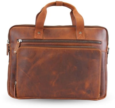 Fana Bags Moderne Laptoptas Leer Cognac - Luxe Aktetas - Leren Business Tas - Werktas Veel Vakken - 15,6 inch Laptoptas