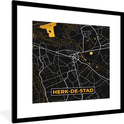 Fotolijst incl. Poster - Herk-De-Stad - Plattegrond - Gold - Kaart - Stadskaart - 40x40 cm - Posterlijst