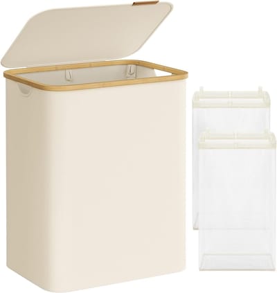 FurnStar - Wasmand met deksel - Wasverzamelaar met 2 vakken - 130 Lt - Uitneembare waszak - Oxford-weefsel - Handgrepen van bamboe - Inklapbaar - 52 x 38,5 x 70,5 cm - cremewit
