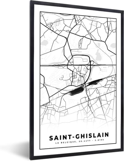 Fotolijst incl. Poster Zwart Wit- Zwart Wit – België – Plattegrond – Stadskaart – Kaart – Saint Ghislain - 40x60 cm - Posterlijst