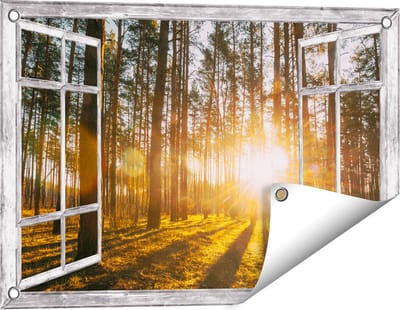 Gards Tuinposter Doorkijk Zonsopkomst in het Bos tussen de Bomen - 60x40 cm - Tuindoek - Tuindecoratie - Wanddecoratie buiten - Tuinschilderij
