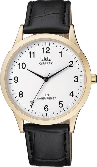Q&Q C212J104Y - Horloge - Analoog - Heren - Mannen - Leren band - Rond - Staal - Cijfers - Zwart - Goudkleurig - Wit - 3 ATM