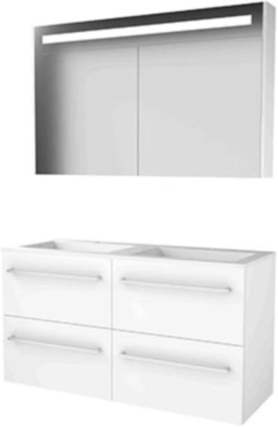 Basic-Line Premium 46 Badkamermeubelset - 120 x 46 cm - Met Grepen - 4 Lades - Acryl Wastafel - 2 Kraangaten - Spiegelkast met LED Verlichting - Ice White