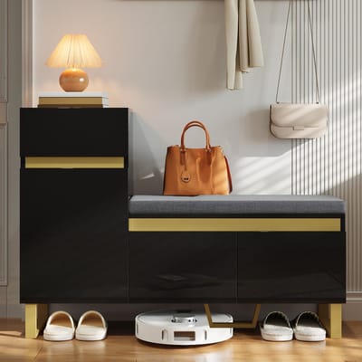 Wishdor - Schoenenkast - Met Zitkussen En Lade - Modern Minimalistisch - Voor Hal - MDF - Zwart - 120 X 35 X 85 Cm