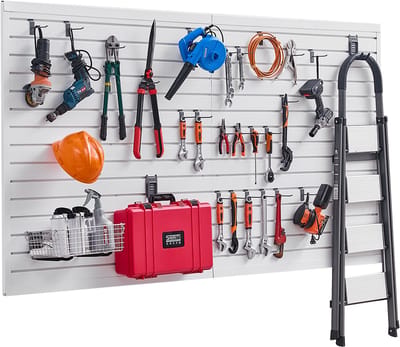 VEVOR Lamellenwandbekleding, 2,4 x 1,2 m, PVC-Garagelamellenwand met Modulair Ontwerp, Witte Lamellenwand, Eenvoudig te Installeren, Verstelbaar Lamellenwandpaneel met Koppelingsstructuur en Doe-Het-Zelf-Snijwerk, Geschikt voor Opslag en Presentatie