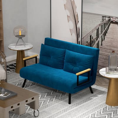 MODFU Slaapstoel Met Bedfunctie - Verstelbare Rugleuning - Stalen Frame En Houten Armleuningen - Blauw - 102 x 73 x 81 cm