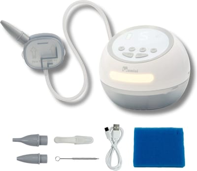 Momini NoseNest - Neusreiniger Baby's - Neuszuiger - Aspirator Kinderen - Snotzuiger - Draadloos - Inclusief Muziek & Witte ruis - Wit