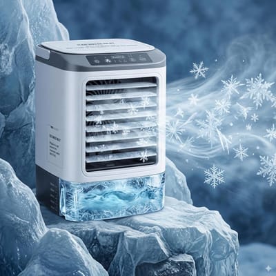 Draagbare airconditioner 2026 – Mini-luchtkoeler en luchtbevochtiger met 4 snelheden, ijsblokjesbakje, 900 ml tank, 2 nevelstanden en LED-verlichting – Mobiele ventilator voor kantoor en kamperen