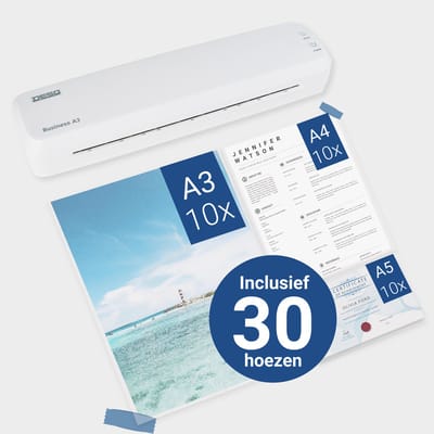 DESQ® Lamineermachine A3 - SET 30 Hoezen - Business Classy - Voor 75 tot 125 micron - Start in 60 sec. - Auto Off - Documenten & Foto's - Veelvuldig gebruik