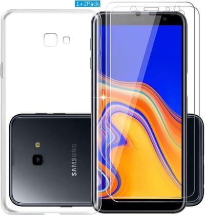 Soft Back Cover Hoesje Geschikt voor: Samsung Galaxy J4 2018 - Transparant TPU Siliconen Case & 2X Tempered Glas Combi - Transparant