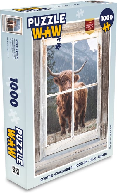 Puzzel Schotse hooglander - Doorkijk - Berg - Bomen - Legpuzzel - Puzzel 1000 stukjes volwassenen