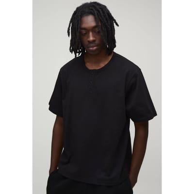 Basic Henley T-shirt Met Relaxed Fit | Black | Size XS
