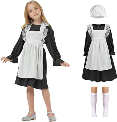 Victoriaanse Maid Kostuum voor Meisjes, Middeleeuwse Jurk met Mopkap en Witte Sokken, Perfect voor Halloween en Cosplay Feestjes