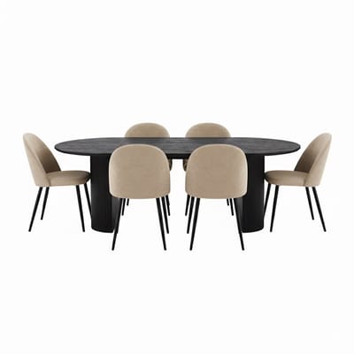 Kyoto eethoek eettafel donkerbruin, 6 stoelen met beige velours bekleding.