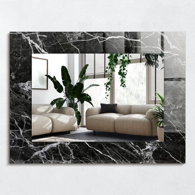 Wallfluent Spiegel - Zwart Marmer Vierkante Spiegel - 80x60 cm - Zwart Spiegel op gehard Glas - Stijlvolle spiegel met grafisch motief - Slaapkamerspiegel - Badkamerspiegel - Gang - Kleedkamer - Make-up Spiegel