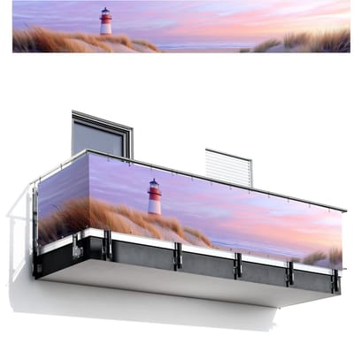 Balkonscherm 500x75 cm - Balkonposter Vuurtoren - Duinen - Zonsondergang - Balkon scherm decoratie - Balkonschermen - Balkondoek zonnescherm