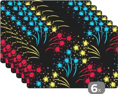Placemat - Placemats kunststof - Vuurwerk - Patroon - Oud en Nieuw - 45x30 cm - 6 stuks - Hittebestendig - Anti-Slip - Onderlegger - Afneembaar