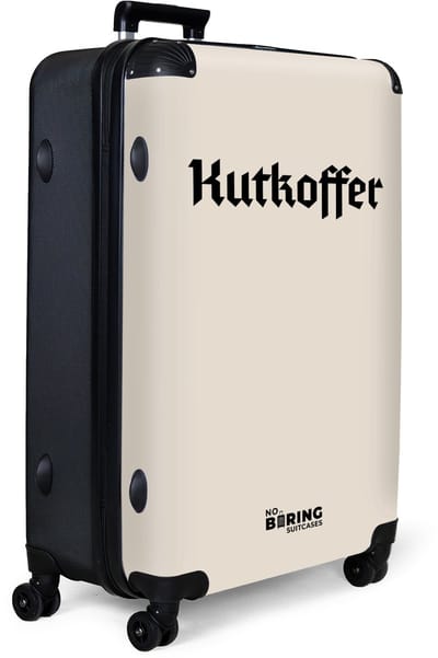 NoBoringSuitcases.com® - Koffer groot - Reiskoffer lichtgewicht - Beige met tekst 'Kutkoffer' - Rolkoffer met 4 wielen - Grote trolley XL - 98 liter bagage