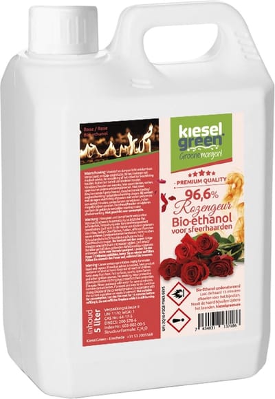 KieselGreen 5 Liter Bio-Ethanol met Rozen Aroma - Bioethanol 96.6%, Veilig voor Sfeerhaarden en Tafelhaarden, Milieuvriendelijk - Premium Kwaliteit Ethanol voor Binnen en Buiten