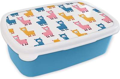 Broodtrommel Blauw - Lunchbox - Brooddoos - Lama - Dieren - Patronen - Roze - Blauw - 18x12x6 cm - Kinderen - Jongen