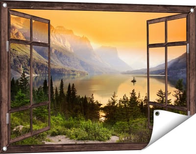 Gards Tuinposter Doorkijk Bergen met een Meer in Nationaal Park Glacier - 90x60 cm - Tuindoek - Tuindecoratie - Wanddecoratie buiten - Tuinschilderij